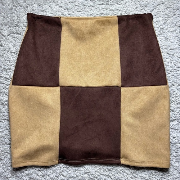 Blue Blush Skirt Womens Medium Mini Color block tan Faux Suede Stretch Western - Picture 1 of 4